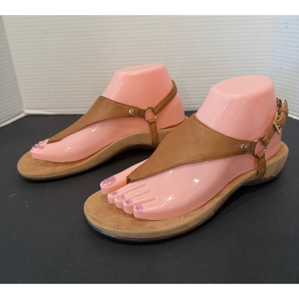 Vionic Kirra Tan Brown Leather Orthotic T-Strap Comfort Backstrap Sandals 6.5
